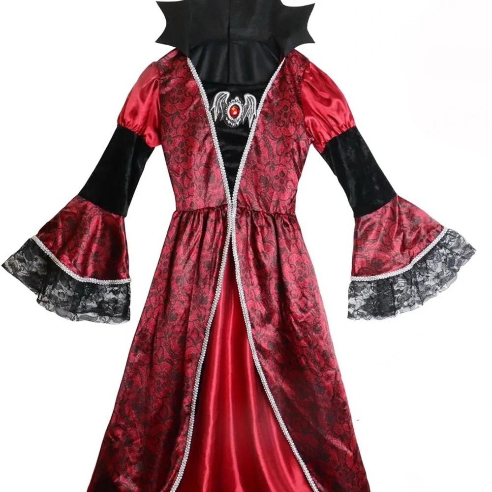 Girls Gothic Vampire Costume Dress Red Black Lace Halloween Size 10-12 Cosplay